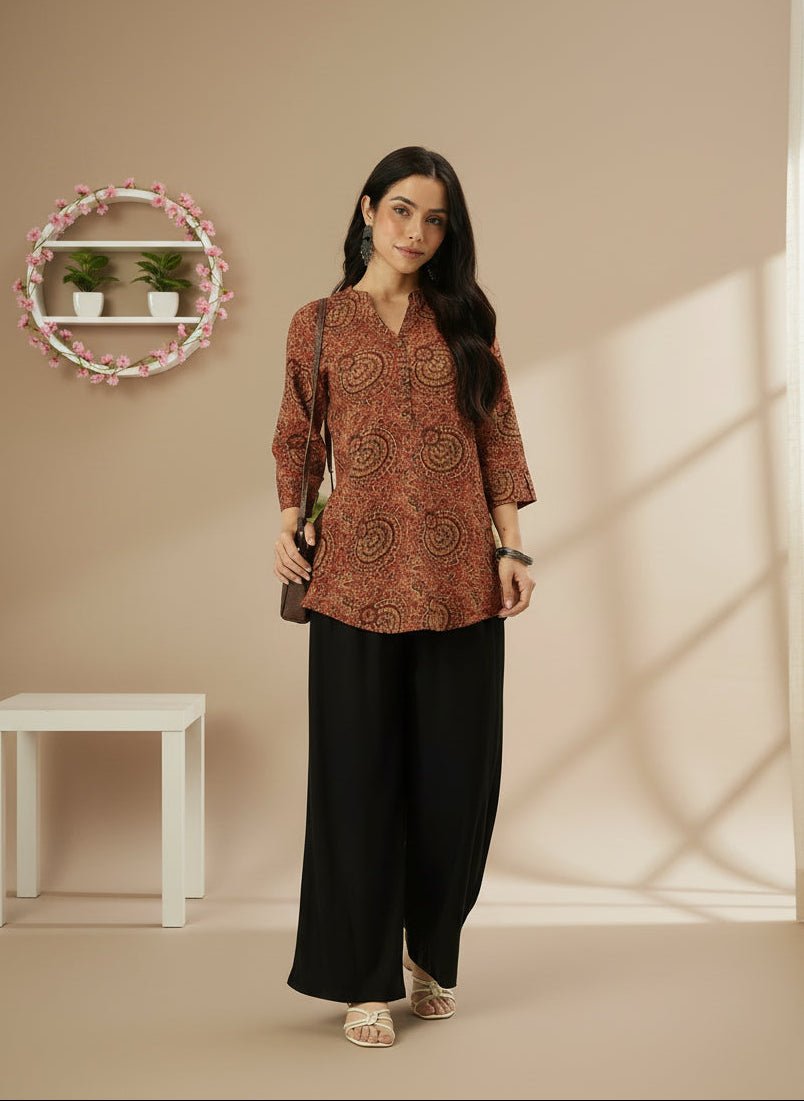 Red Mandarin Collar Printed Tunic