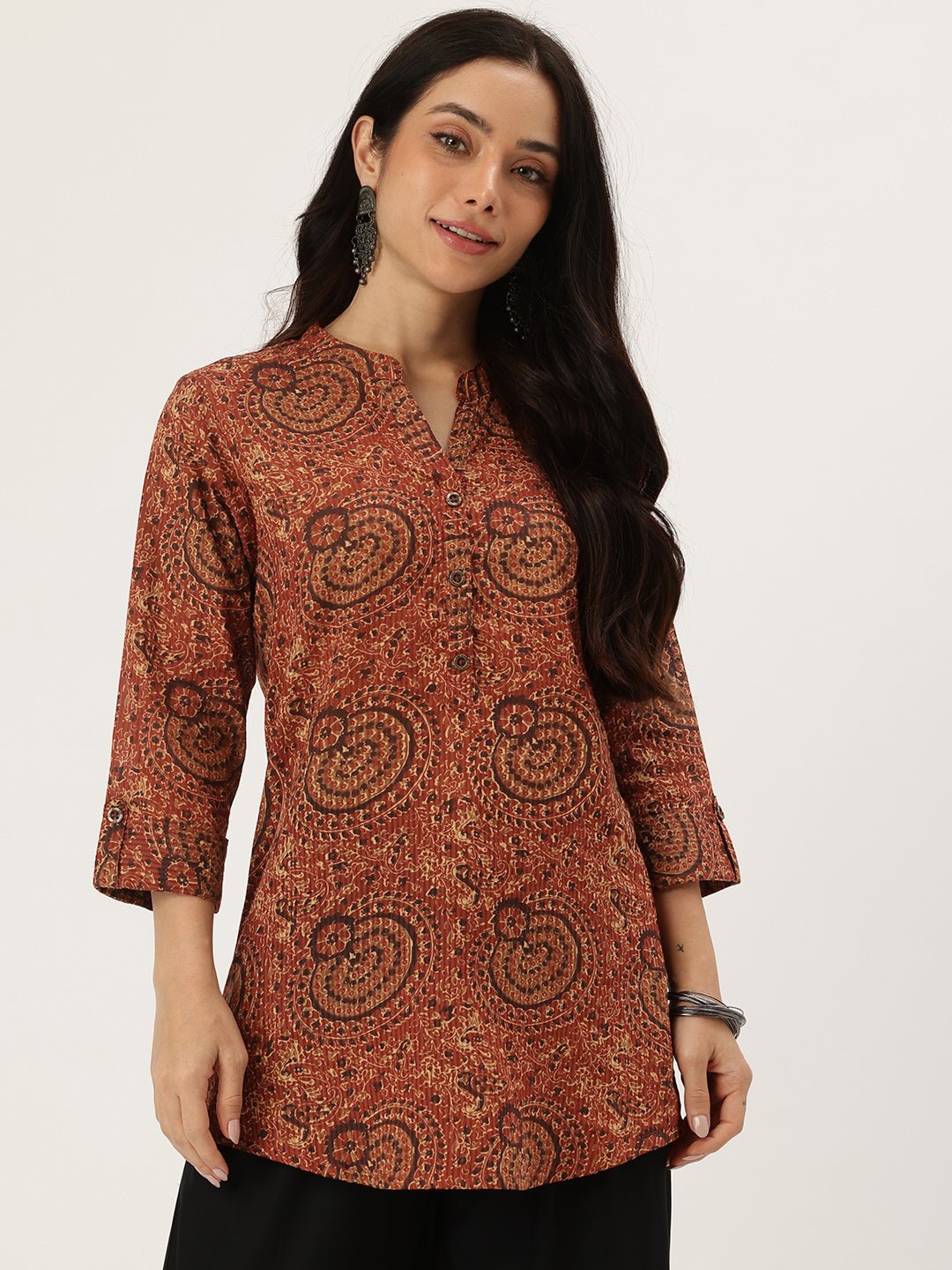 Red Mandarin Collar Printed Tunic - Image 3