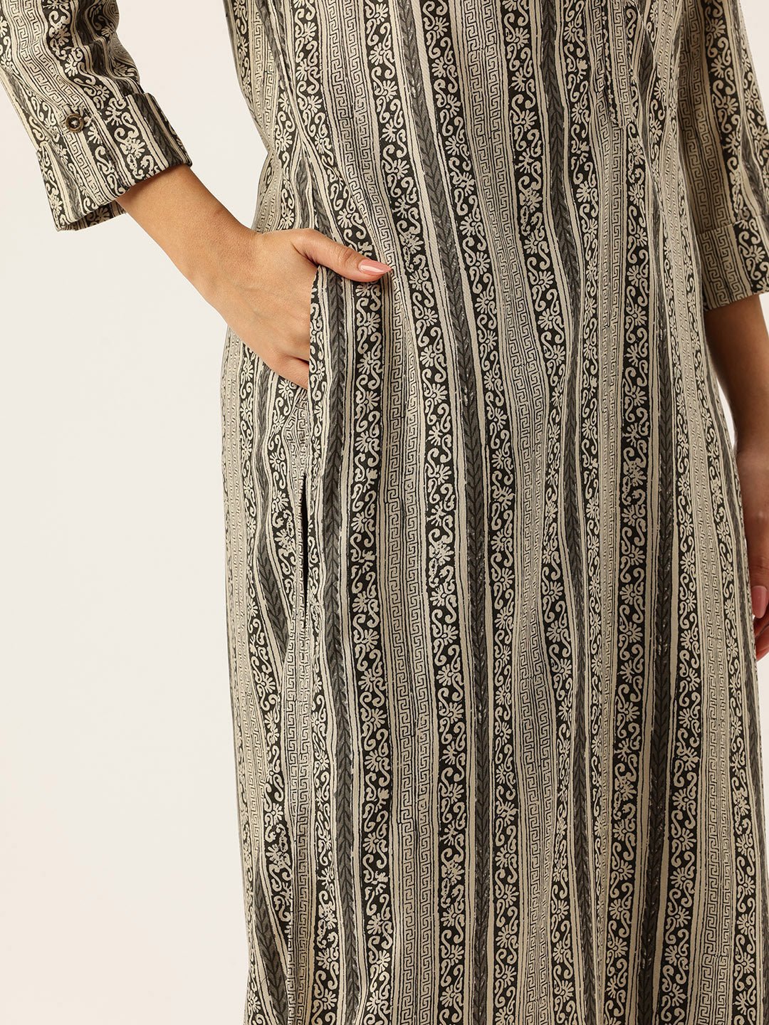 Beige & Black Ethnic Motifs Printed Kurta - Image 3