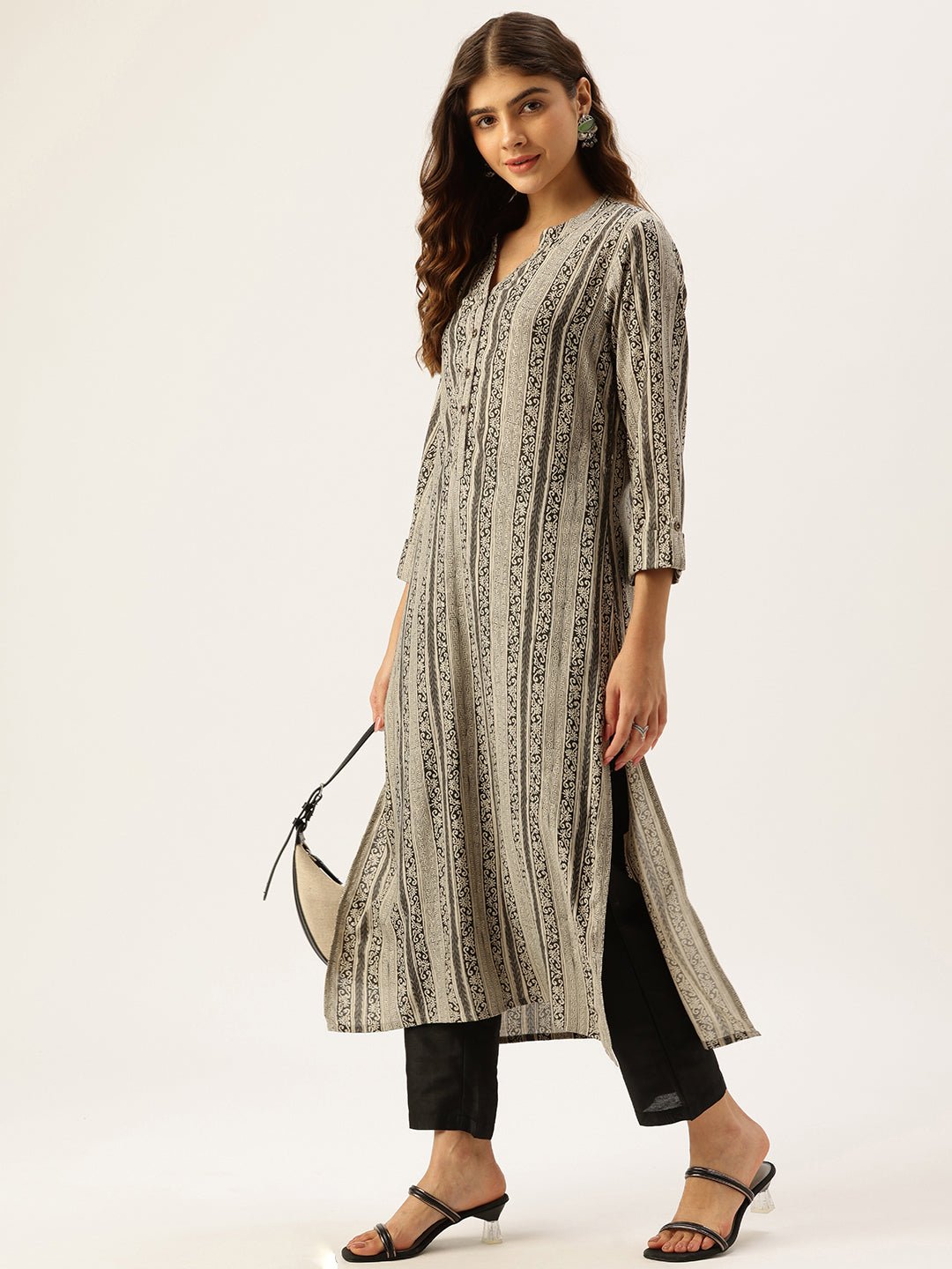 Beige & Black Ethnic Motifs Printed Kurta - Image 6