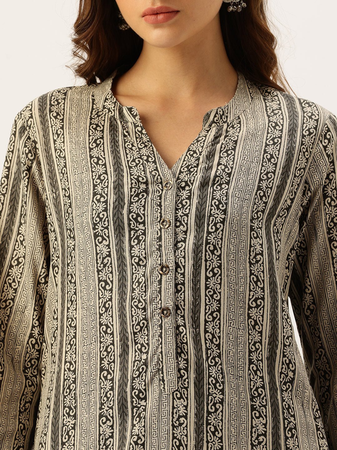Beige & Black Ethnic Motifs Printed Kurta - Image 2