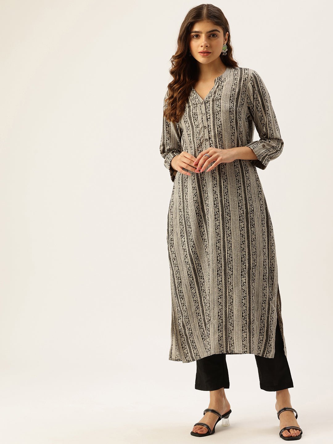 Beige & Black Ethnic Motifs Printed Kurta - Image 7