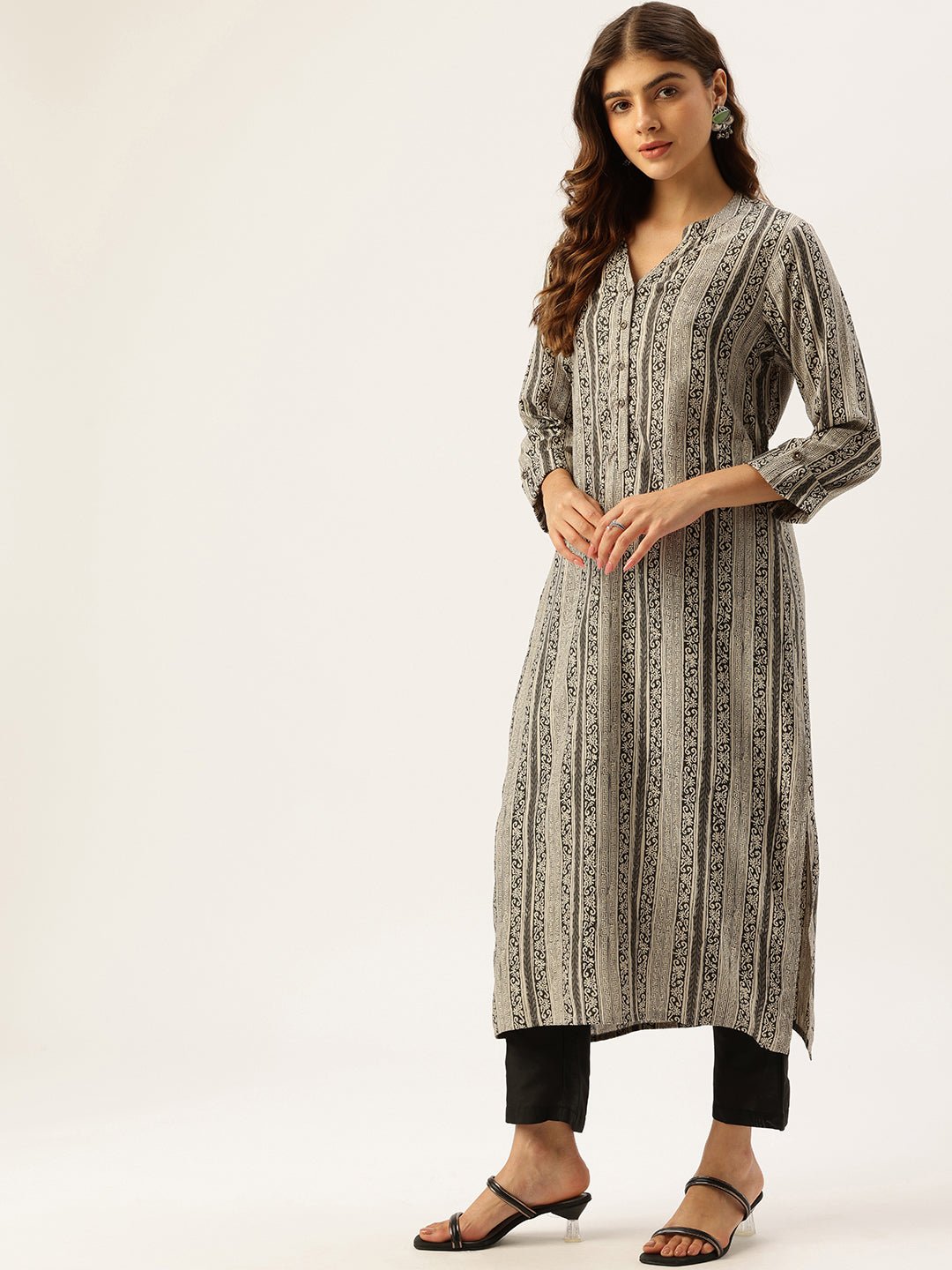 Beige & Black Ethnic Motifs Printed Kurta - Image 5