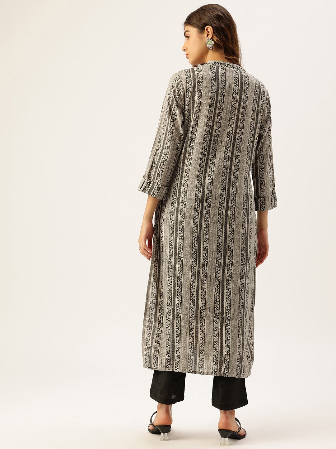 Beige & Black Ethnic Motifs Printed Kurta - Image 4