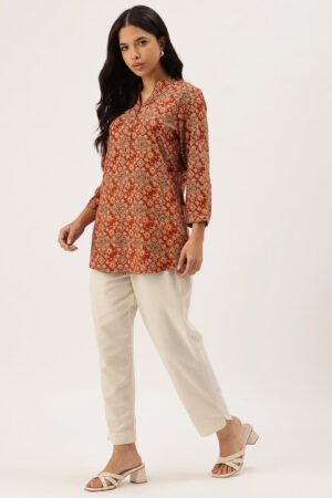 Red Ethnic Printed Mandarin Collar Tunic