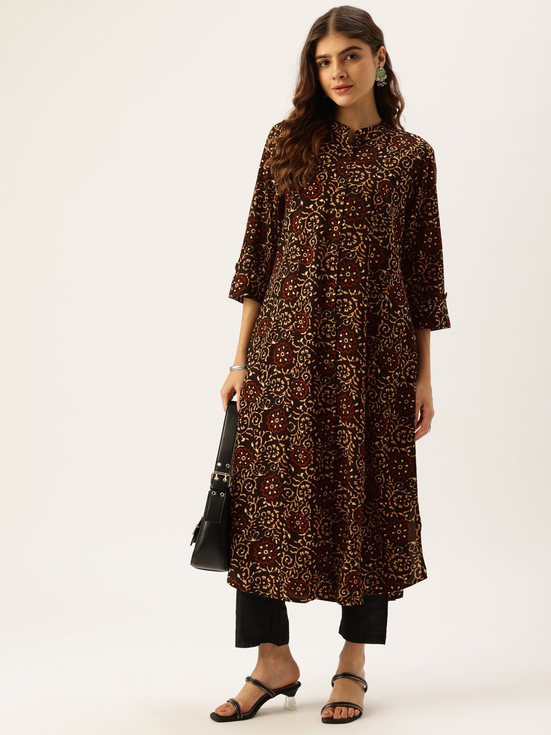 Black Floral Printed Mandarin Collar Straight Kurta - Image 6