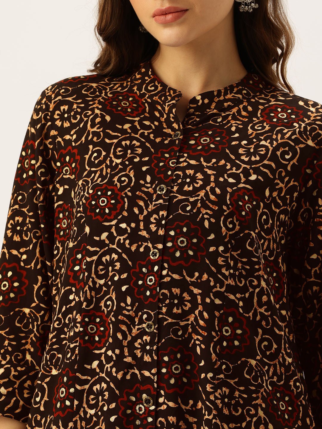 Black Floral Printed Mandarin Collar Straight Kurta - Image 2