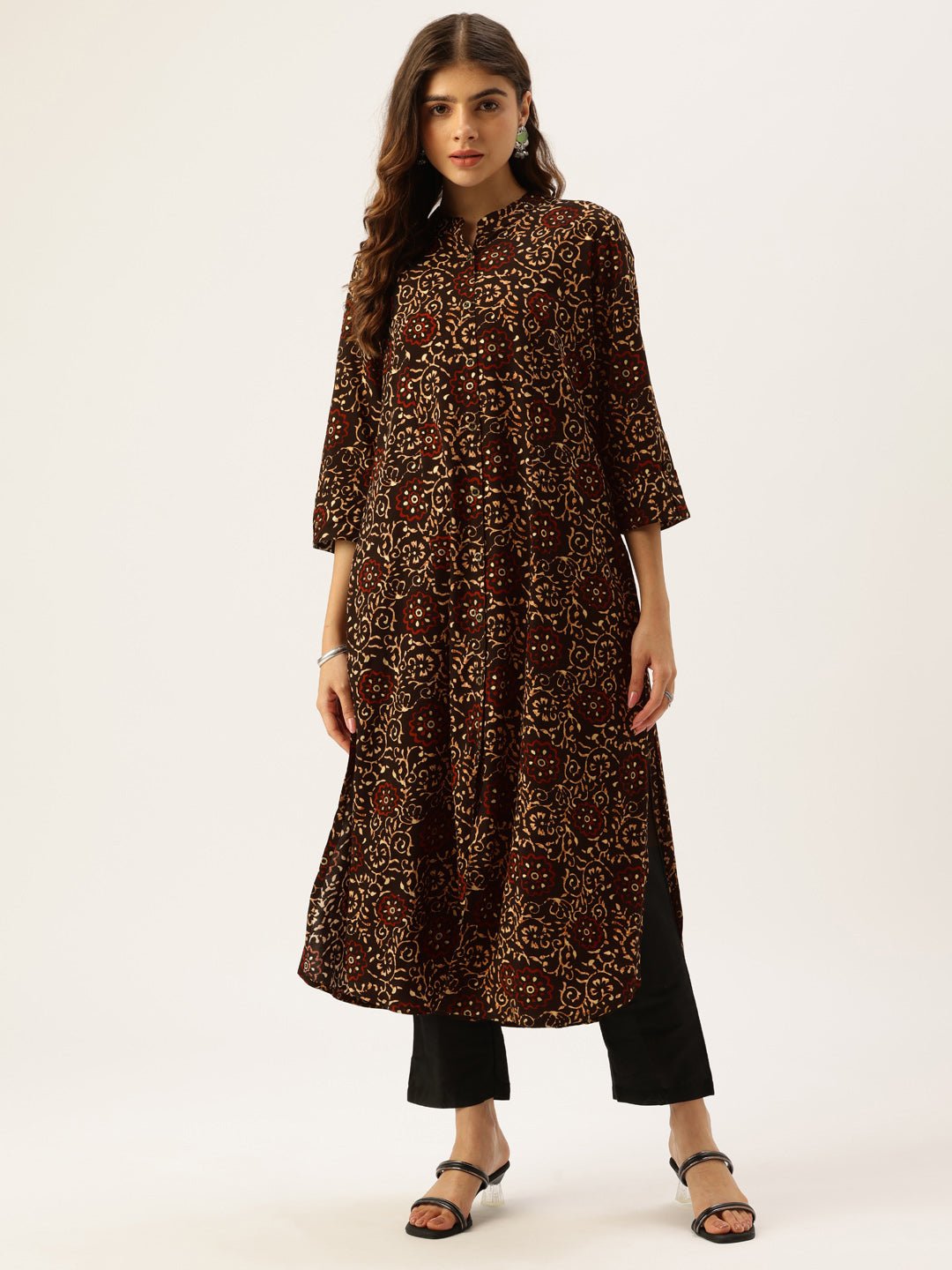 Black Floral Printed Mandarin Collar Straight Kurta