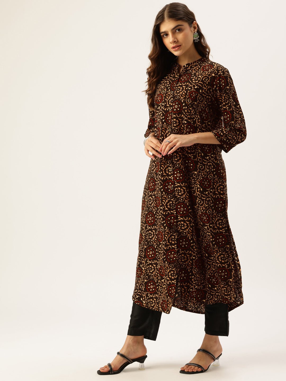 Black Floral Printed Mandarin Collar Straight Kurta - Image 5