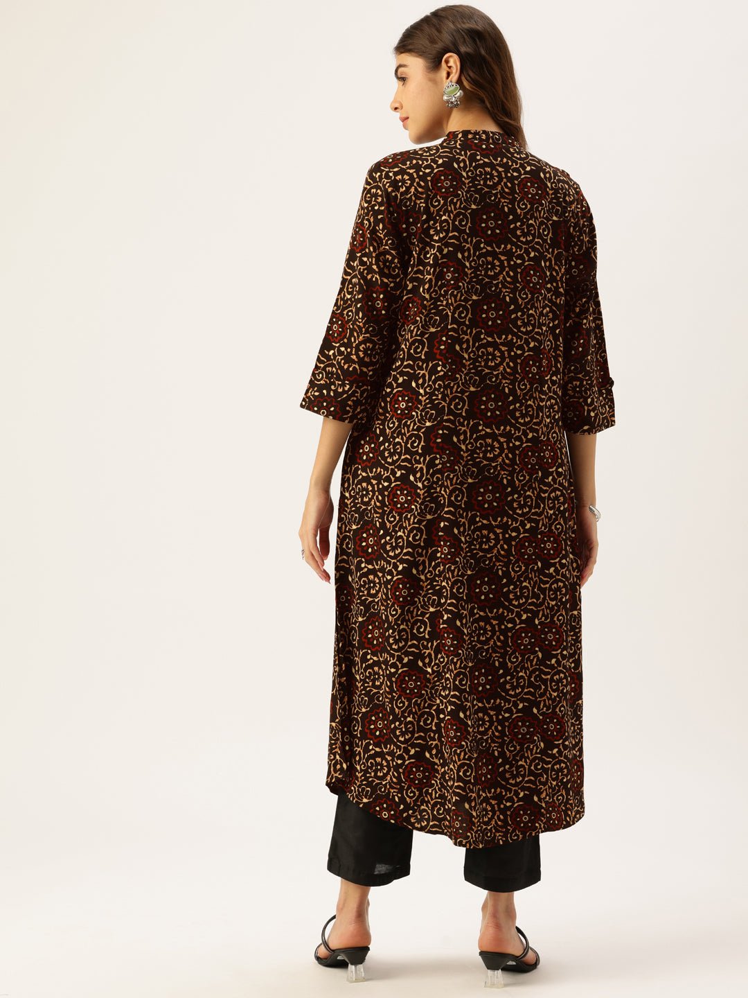 Black Floral Printed Mandarin Collar Straight Kurta - Image 4