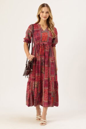 Red Printed Fit & Flare Midi Tiered Ethnic Dress