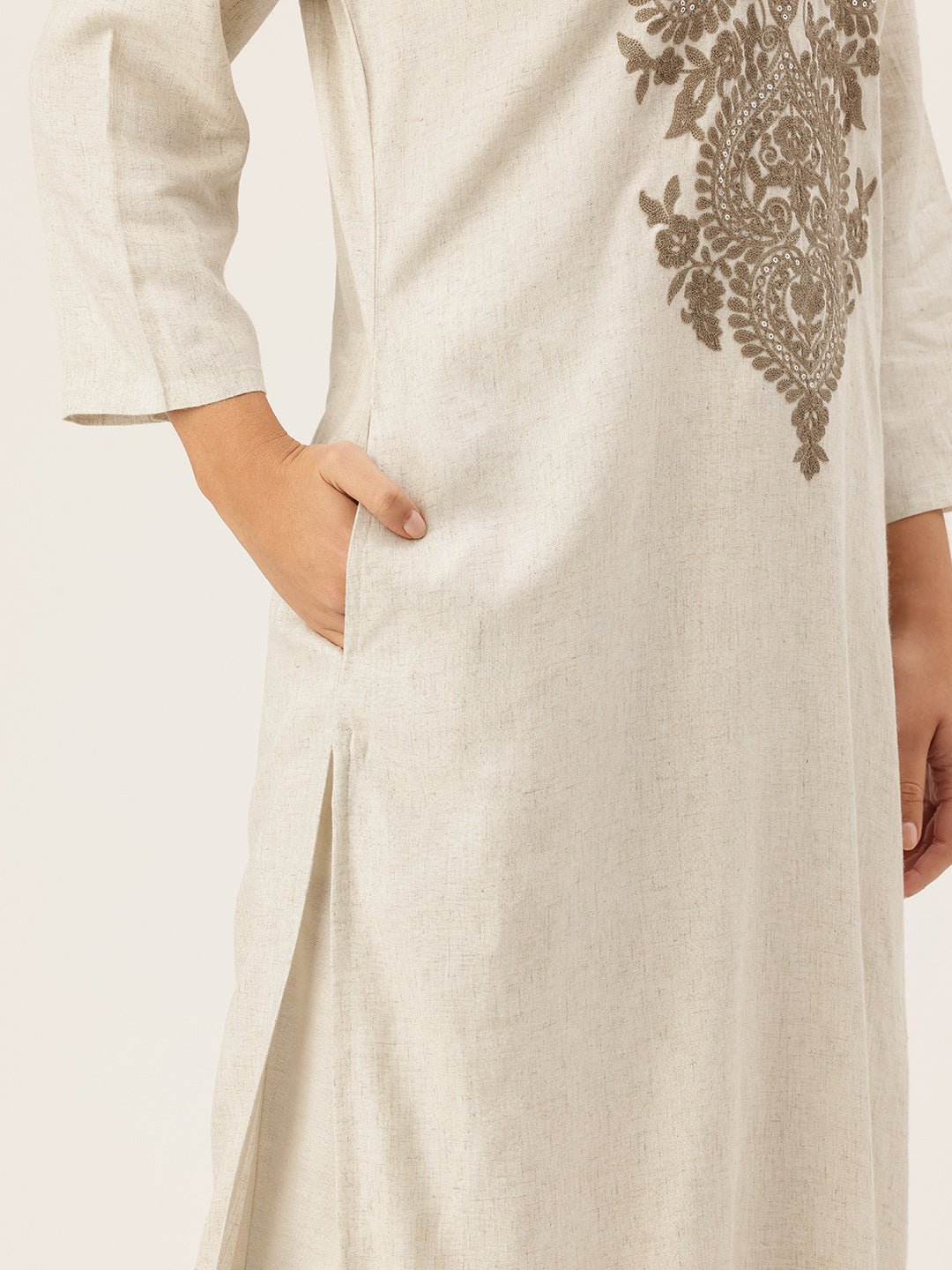 Beige Floral Embroidered Kurta - Image 5