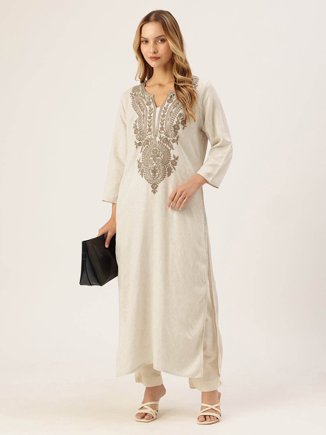 Beige Floral Embroidered Kurta - Image 6