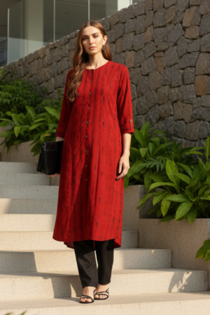 Red Leheriya Printed Roll-Up Sleeves A-Line Kurta
